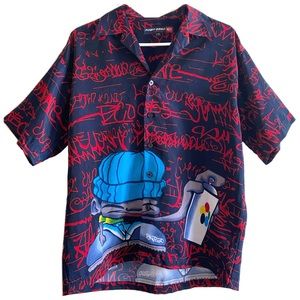 Point Zero | 90's Men's Patterned Collared Skater Shirt with Graffiti Design
